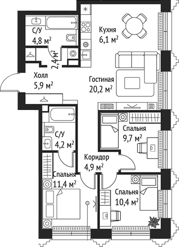 4+ комнаты, 80 м², 12/59 этаж, ЖК «СЕТ»