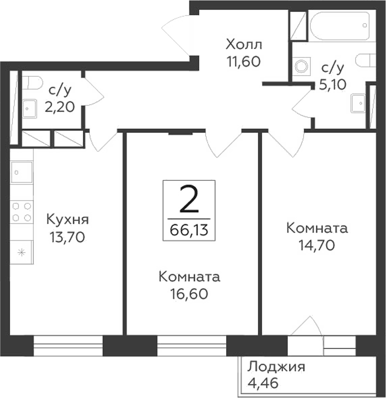 2-комн., 63.9 м², 10/17 этаж, ЖК «Малаховский»