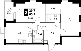 2-комн., 63.7 м², 12/16 этаж, ЖК «1-й Ясеневский»