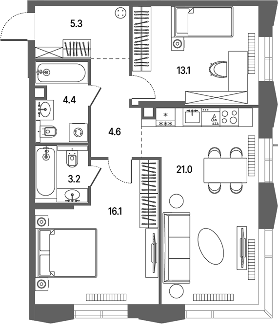 3-комн., 67.7 м², 2/12 этаж, ЖК «КОД Сокольники»