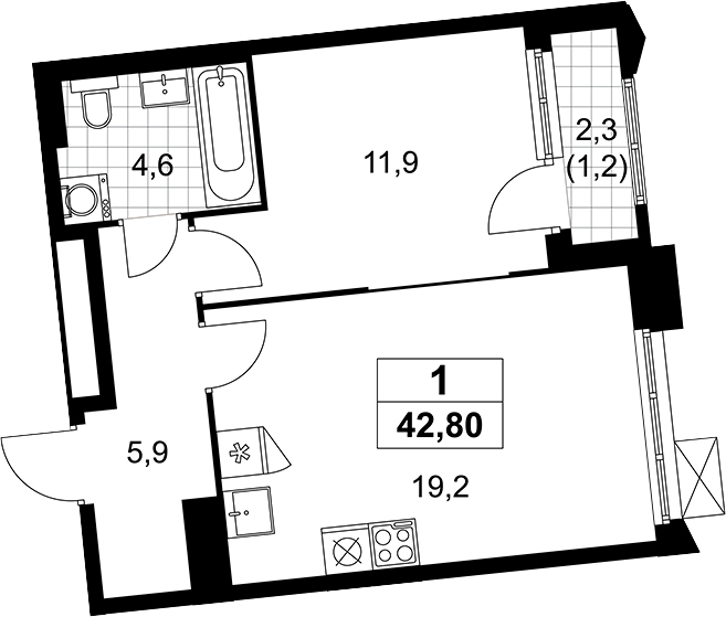 2-комн., 41.6 м², 15/16 этаж, ЖК «Деснаречье»