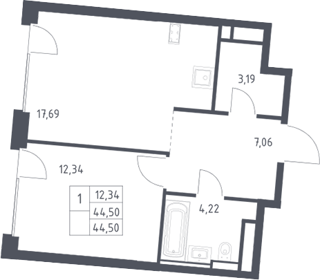 2-комн., 44.5 м², 8/10 этаж, ЖК «Квартал на воде»