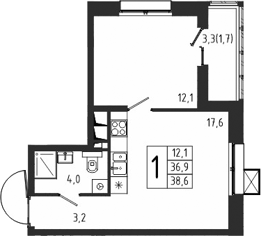 1-комн., 36.9 м², 4/10 этаж, ЖК «Берег»