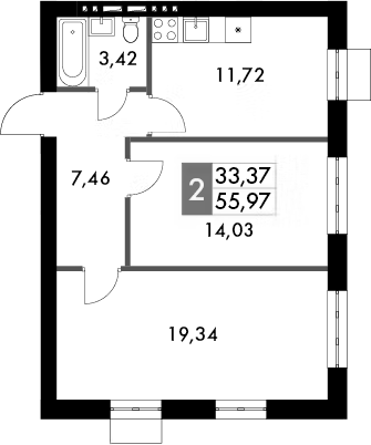 2-комн., 53.6 м², 2/4 этаж, ЖК «Жаворонки Клаб»