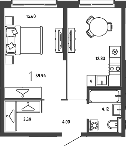 1-комн., 39.94 м², 11/25 этаж, ЖК «Страна.Парковая»