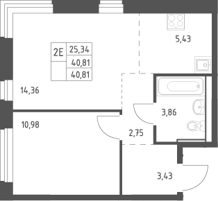 2-комн., 40.81 м², 2/17 этаж, ЖК «Квартал Ивакино»