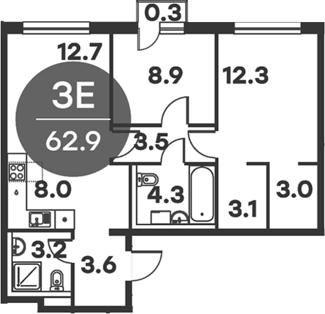 3-комн., 62.6 м², 5/6 этаж, ЖК «Равновесие»