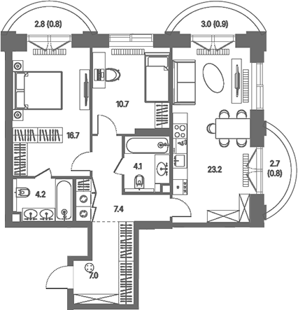 3-комн., 73.3 м², 12/39 этаж, ЖК «КОД Сокольники»