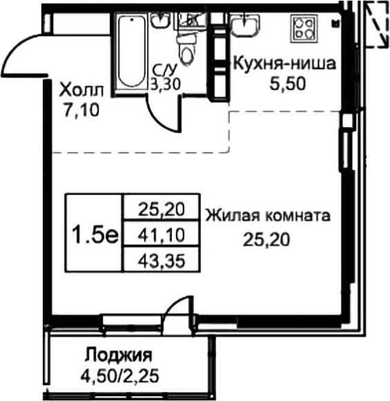 Студия, 41.1 м², 1/12 этаж, ЖК «Кашинцево»