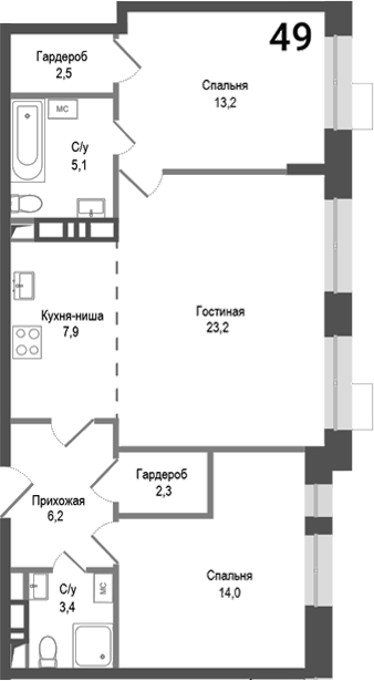 3-комн., 77.8 м², 1/8 этаж, ЖК «Киноквартал»