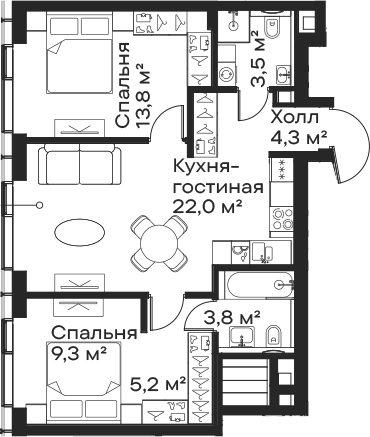 3-комн., 61.9 м², 54/59 этаж, ЖК «Сити Бэй»