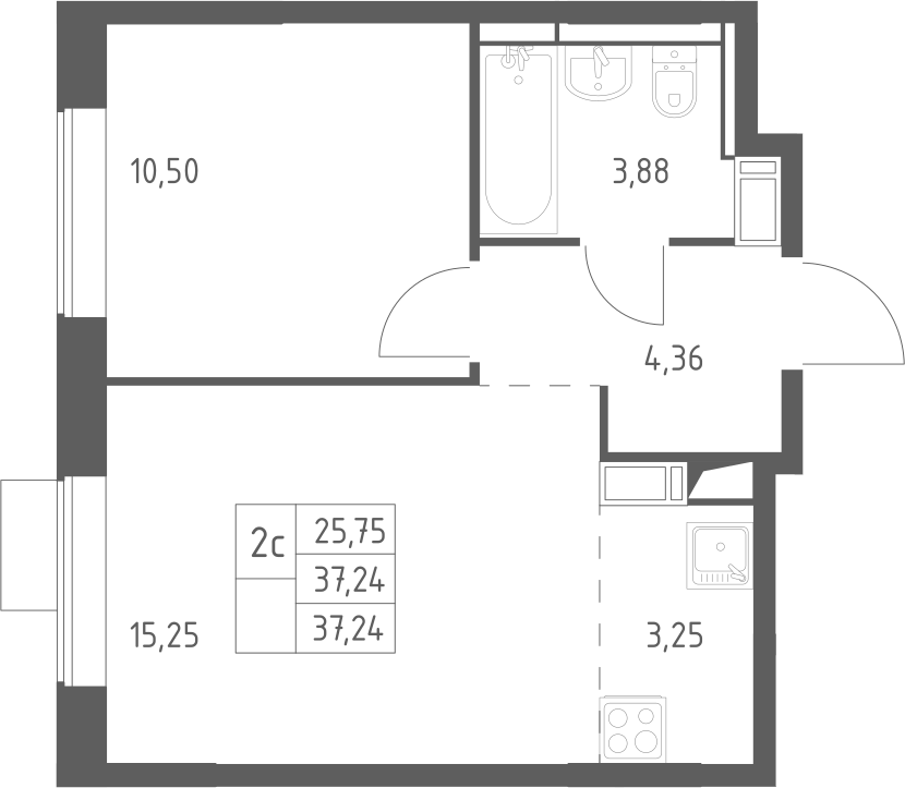 2-комн., 37.24 м², 3/12 этаж, ЖК «Пятницкие Луга»