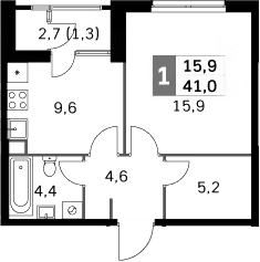 1-комн., 37.7 м², 40/43 этаж, ЖК «Скай Гарден»