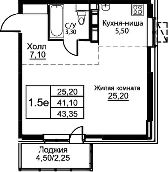 Студия, 41.1 м², 5/12 этаж, ЖК «Кашинцево»