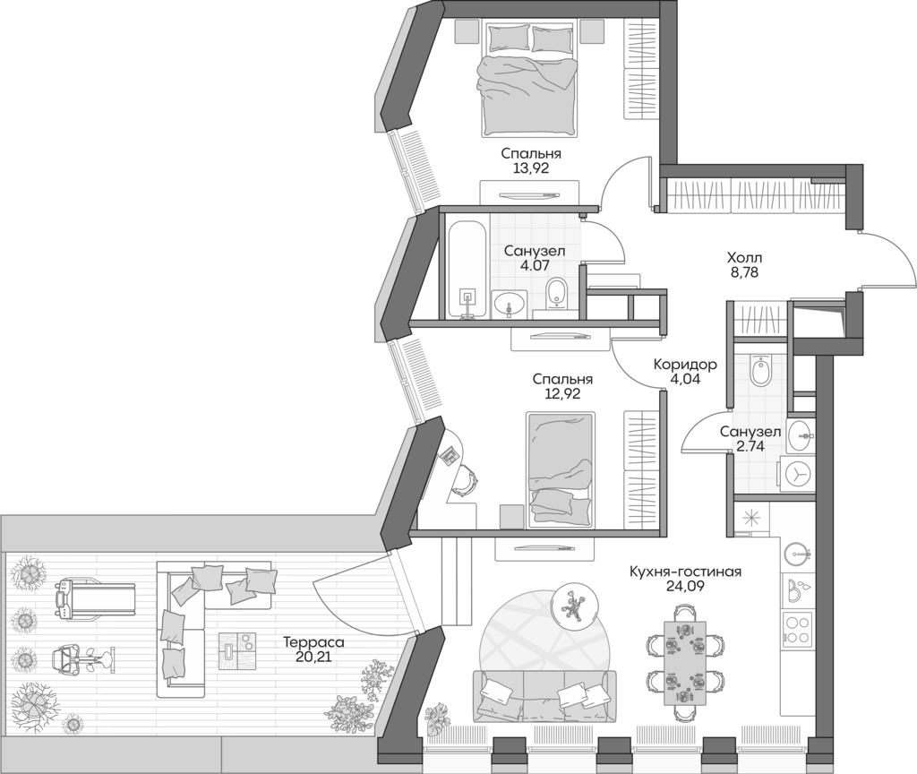 3-комн., 67.89 м², 4/16 этаж, ЖК «Инсайдер»