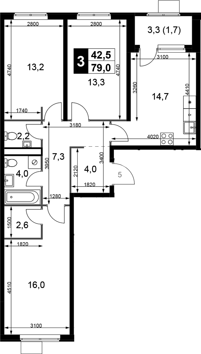 3-комн., 77.3 м², 4/8 этаж, ЖК «1-й Химкинский»