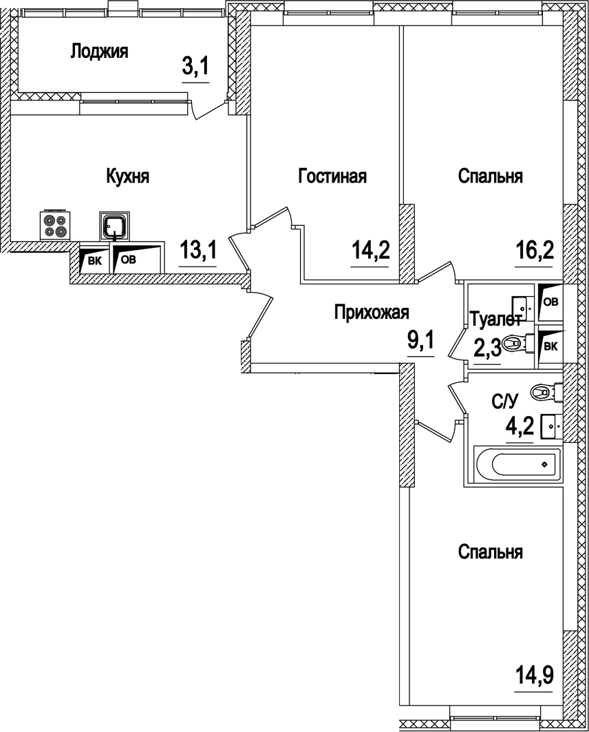 3-комн., 74.4 м², 14/17 этаж, ЖК «Рассказово»