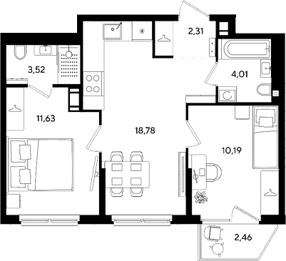 3-комн., 50.44 м², 5/8 этаж, ЖК «Парк Победы 3»