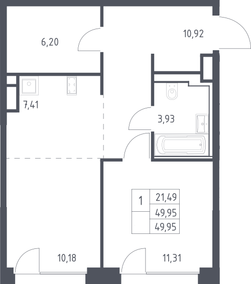 2-комн., 50.7 м², 6/7 этаж, ЖК «Квартал на воде»