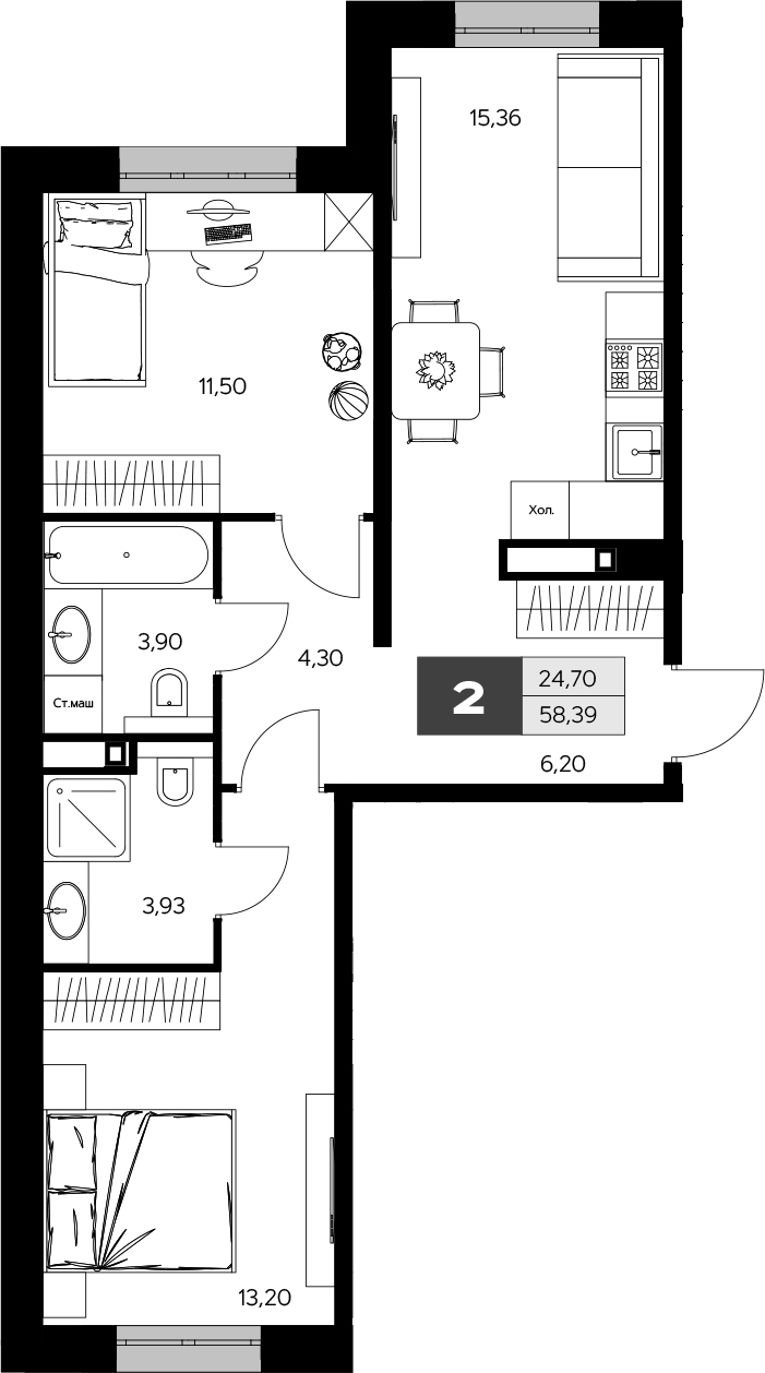 2-комн., 58.39 м², 1/9 этаж, ЖК «Ласточкино»
