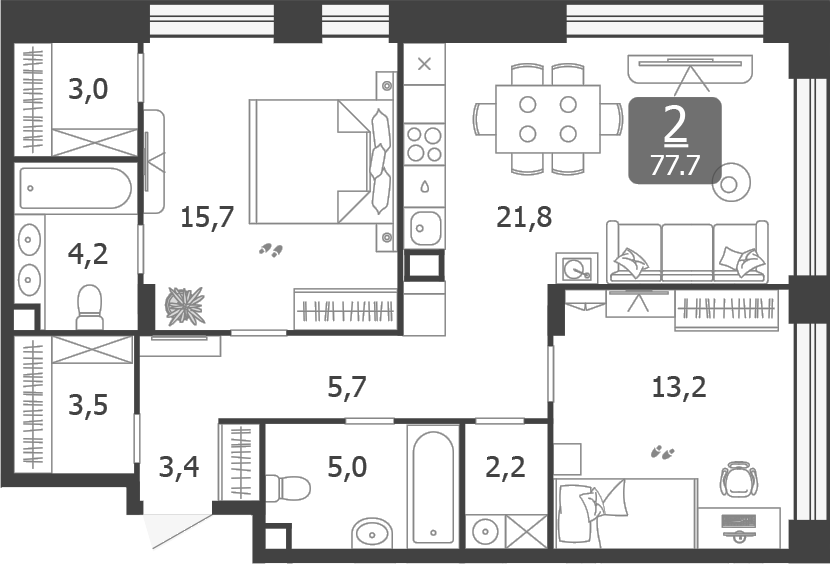 3-комн., 77.7 м², 7/14 этаж, ЖК «Шагал»