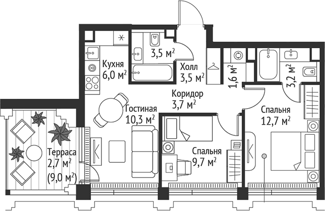 3-комн., 54.2 м², 35/45 этаж, ЖК «СЕТ»
