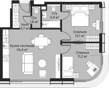 3-комн., 55.18 м², 46/53 этаж, ЖК «Сити Бэй»