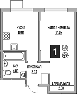 2-комн., 33.27 м², 11/12 этаж, ЖК «Гранель Притяжение Сити»
