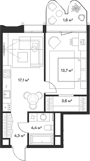 2-комн., 43.1 м², 16/23 этаж, ЖК «Союз»