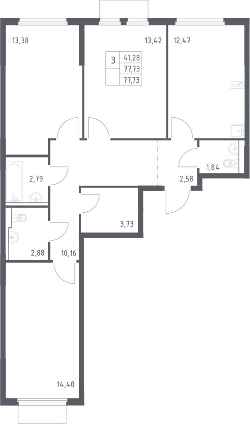 3-комн., 77.73 м², 15/15 этаж, ЖК «Пригород Лесное»