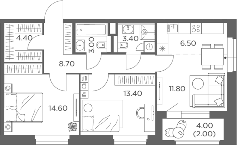 3-комн., 65.8 м², 6/20 этаж, ЖК «Белый Град»