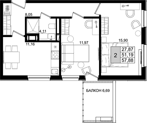 2-комн., 49.7 м², 4/8 этаж, ЖК «IT гостиничный комплекс Корсаков»