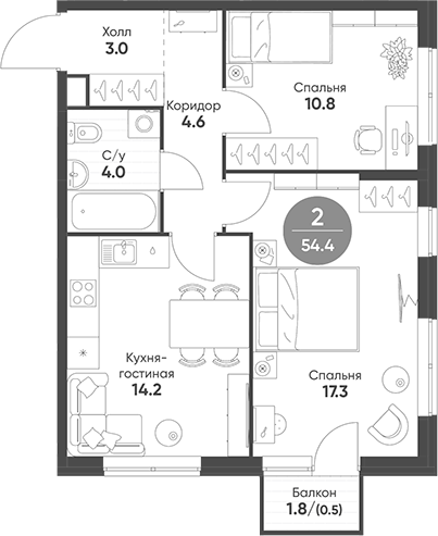2-комн., 53.9 м², 3/13 этаж, ЖК «Соколинн Парк»
