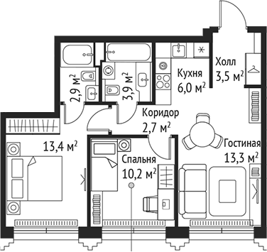 3-комн., 55.9 м², 44/59 этаж, ЖК «СЕТ»