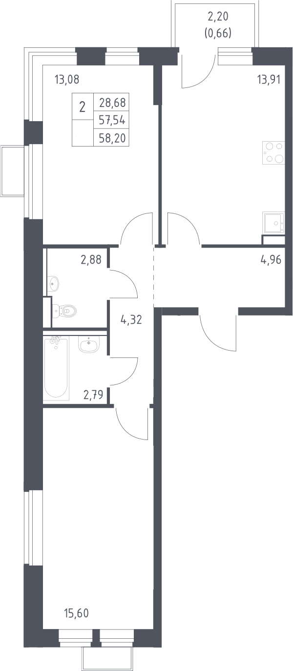 2-комн., 57.54 м², 9/14 этаж, ЖК «Молжаниново»