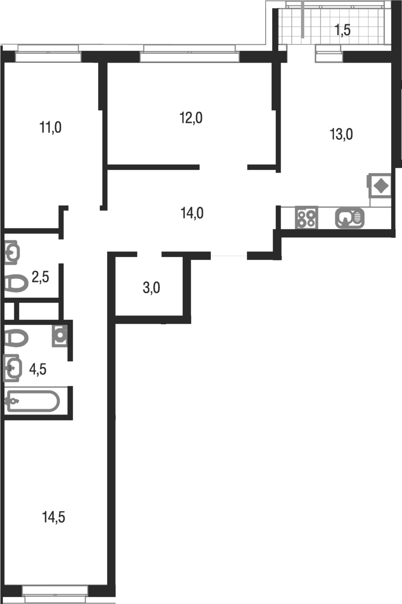3-комн., 74.5 м², 11/25 этаж, ЖК «Котельники парк»