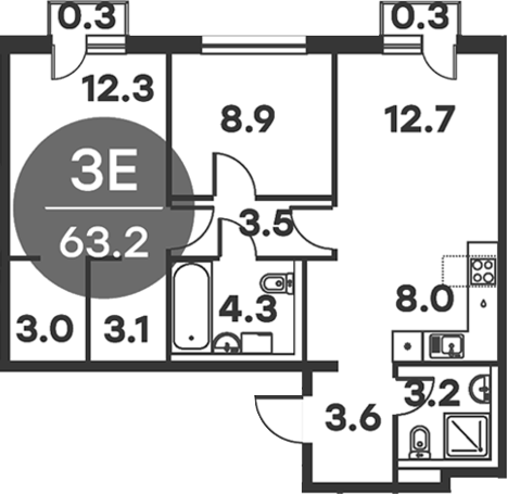 3-комн., 62.6 м², 2/6 этаж, ЖК «Равновесие»