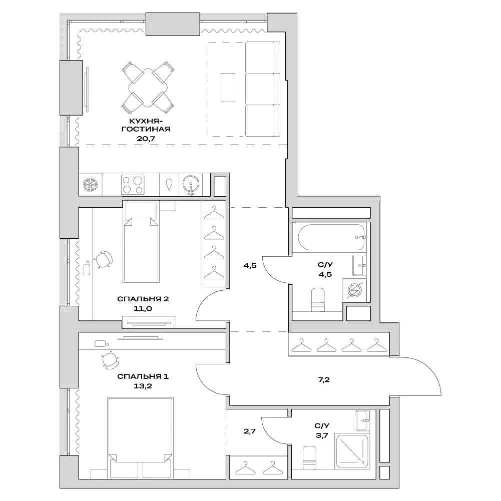 3-комн., 68.9 м², 5/22 этаж, ЖК «Детали»