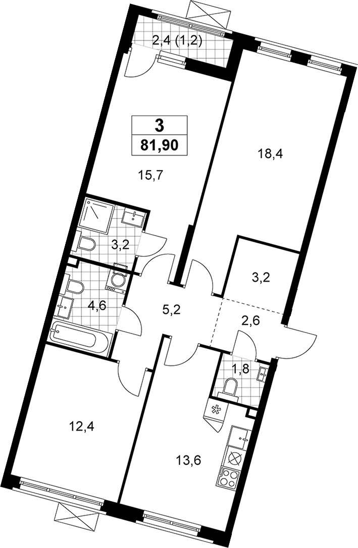 3-комн., 80.7 м², 2/14 этаж, ЖК «Прокшино»
