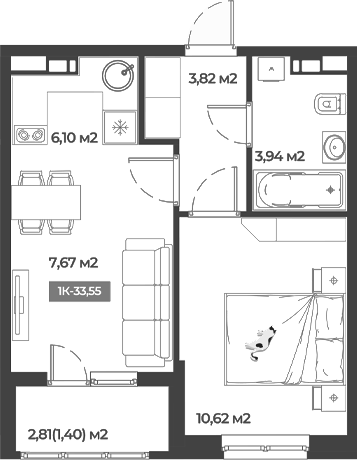 1-комн., 32.15 м², 2/5 этаж, ЖК «Соловей»