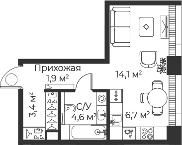 Студия, 30.7 м², 2/35 этаж, ЖК «Веер»