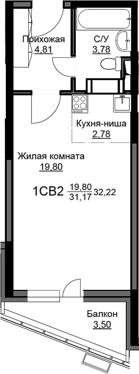 Студия, 31.17 м², 13/17 этаж, ЖК «Соболевка»