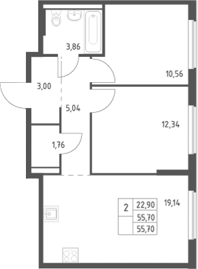 3-комн., 55.7 м², 4/9 этаж, ЖК «Большое Юрлово»