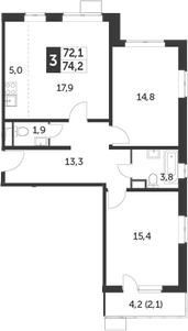 3-комн., 71 м², 8/20 этаж, ЖК «Южная Битца»
