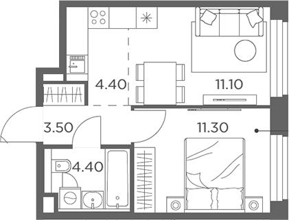 2-комн., 34.7 м², 22/23 этаж, ЖК «Белый Град»