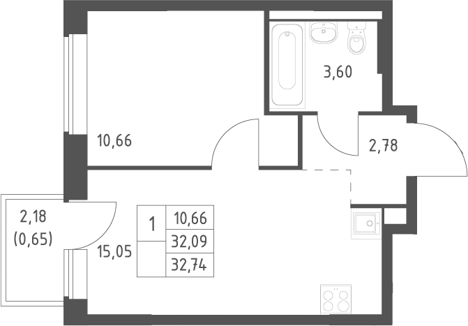 2-комн., 32.09 м², 11/12 этаж, ЖК «Большое Юрлово»