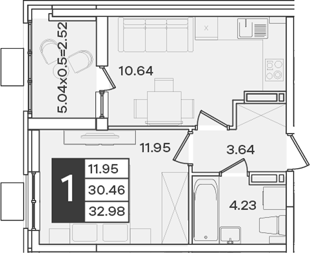 1-комн., 30.46 м², 16/18 этаж, ЖК «Сюжеты»