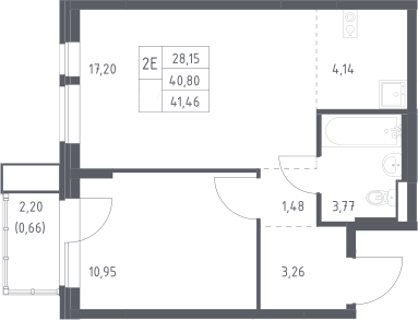 2-комн., 40.8 м², 13/17 этаж, ЖК «Квартал Авиаторов»
