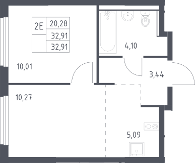 2-комн., 32.91 м², 17/17 этаж, ЖК «Пригород Лесное»