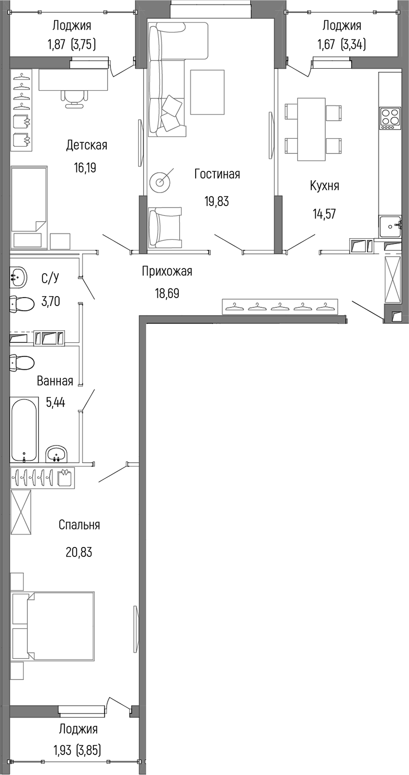 3-комн., 99.26 м², 6/9 этаж, ЖК «Рига Хиллс»